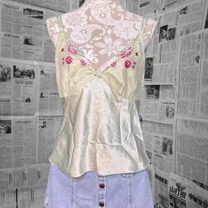Gilligan & O'Malley Sage Green Satin Cami Pink Rose Embroidery Y2K Lingerie M